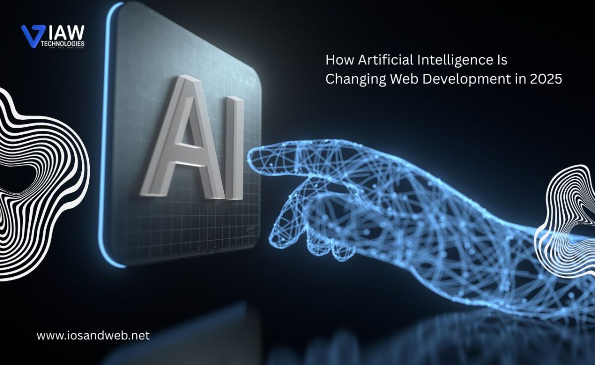Illustration showing how Artificial Intelligence is transforming web development in 2025 with futuristic coding, automation, and smart design tools.